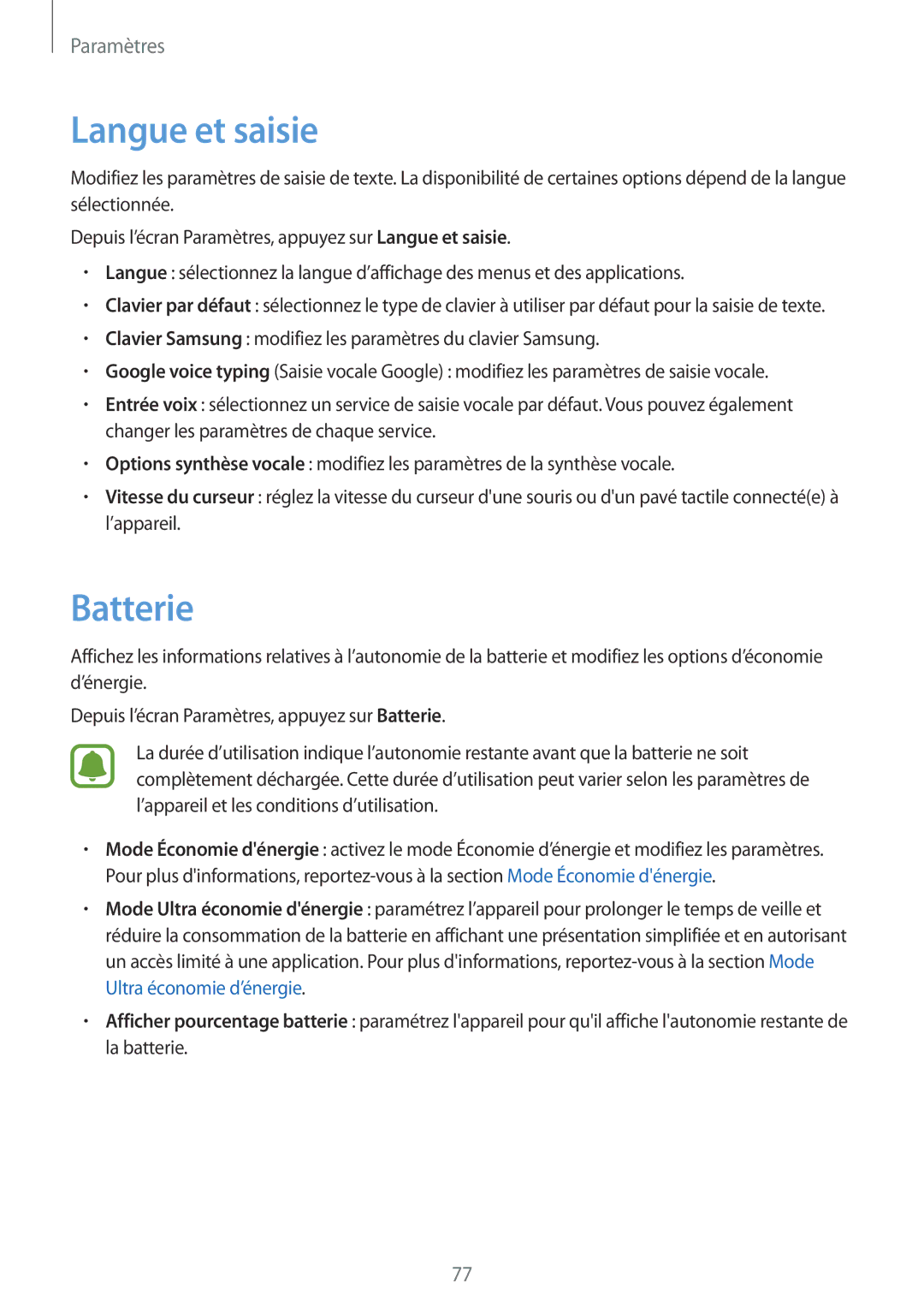 Samsung SM-T285NZWAXEF manual Langue et saisie, Batterie 