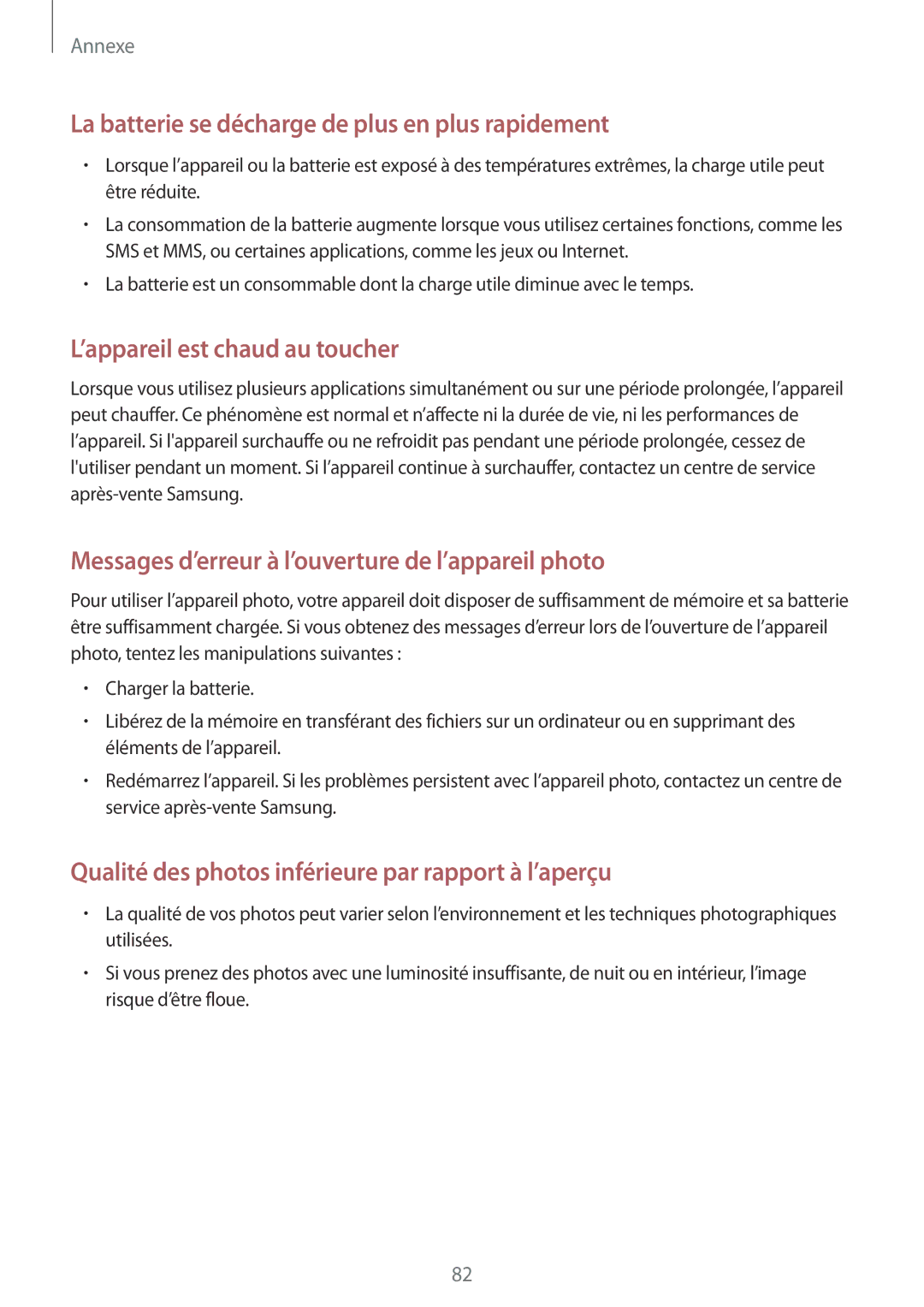 Samsung SM-T285NZWAXEF manual La batterie se décharge de plus en plus rapidement 