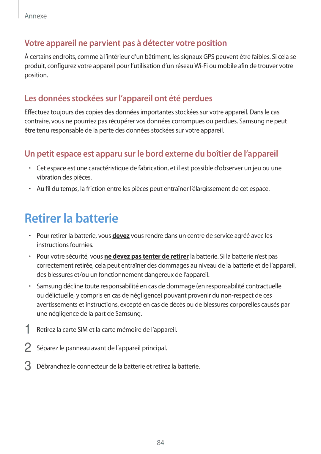 Samsung SM-T285NZWAXEF manual Retirer la batterie, Votre appareil ne parvient pas à détecter votre position 