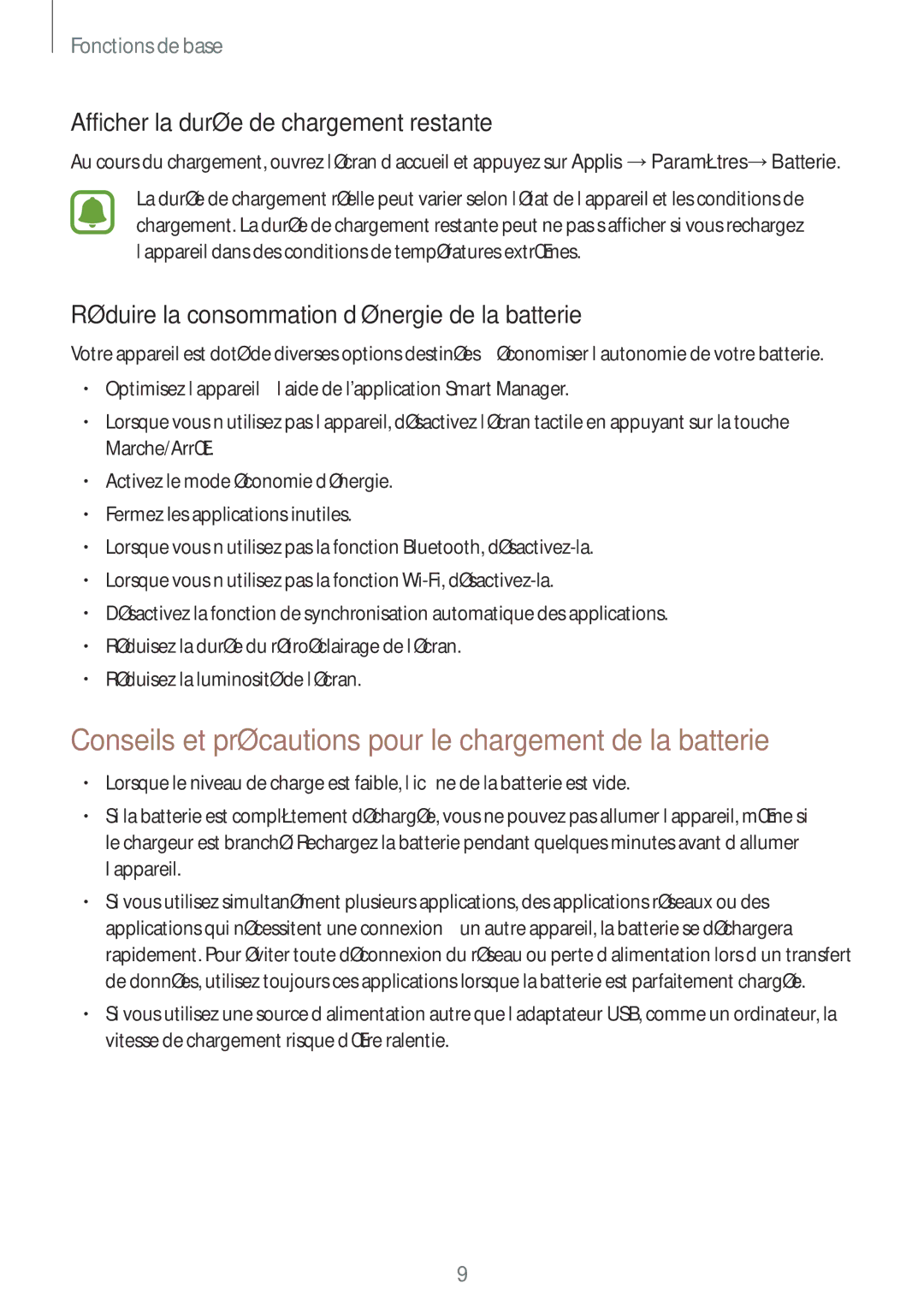 Samsung SM-T285NZWAXEF Conseils et précautions pour le chargement de la batterie, Afficher la durée de chargement restante 