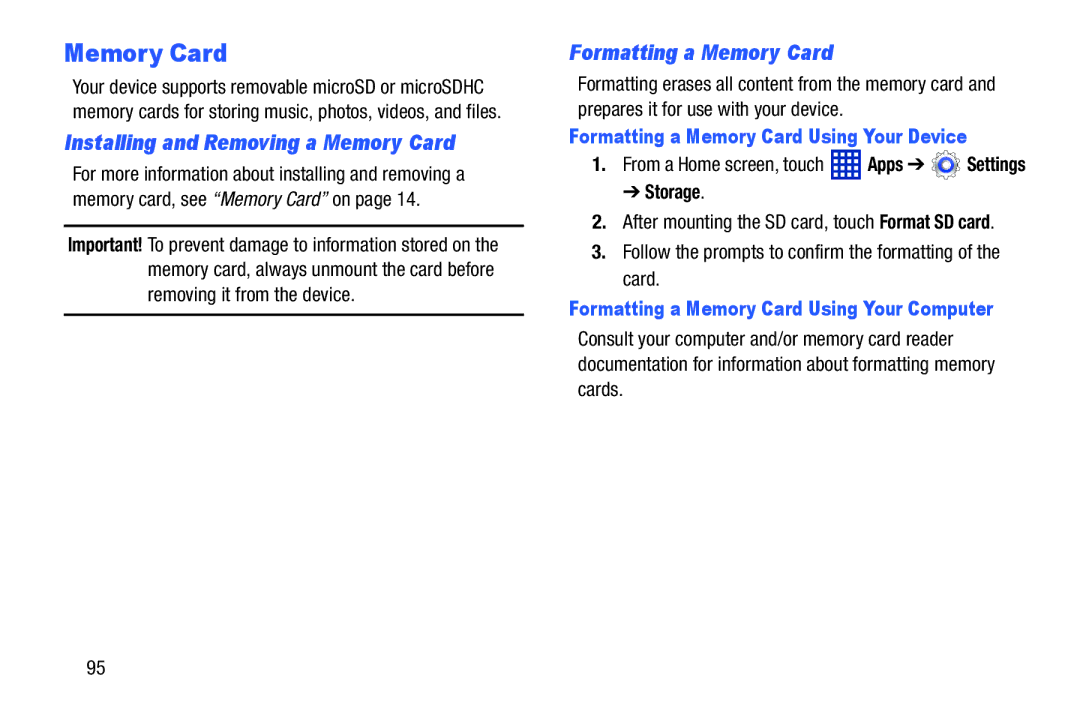 Samsung SM-T3100ZWYXAR, SM-T3100GNYXAR Installing and Removing a Memory Card, Formatting a Memory Card, Storage 