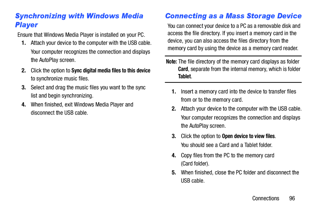 Samsung SM-T3100ZWYXAR, SM-T3100GNYXAR Synchronizing with Windows Media Player, Connecting as a Mass Storage Device 