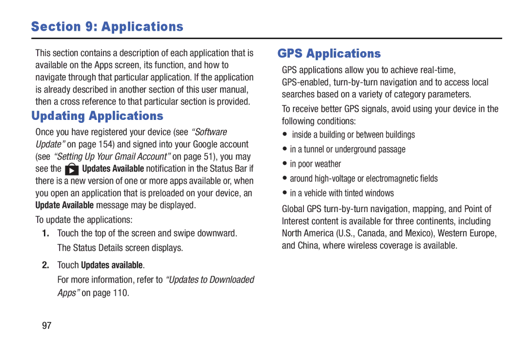 Samsung SM-T3100GNYXAR Updating Applications, GPS Applications, To update the applications, Touch Updates available 