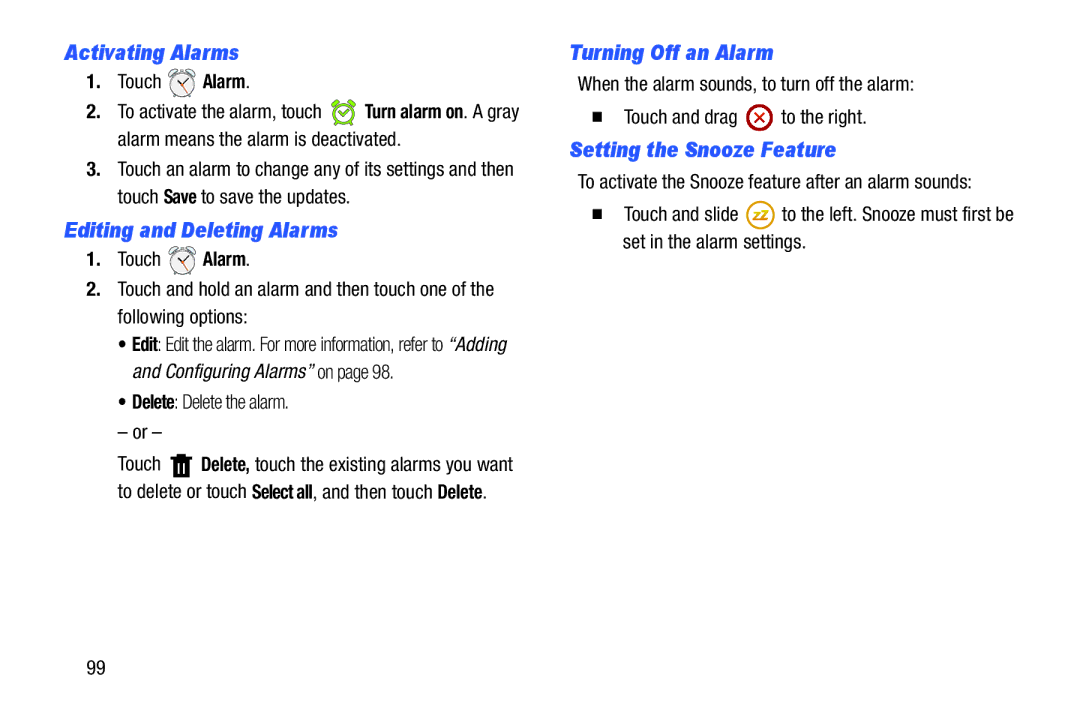 Samsung SMT3100ZWYXAR Activating Alarms, Editing and Deleting Alarms, Turning Off an Alarm, Setting the Snooze Feature 