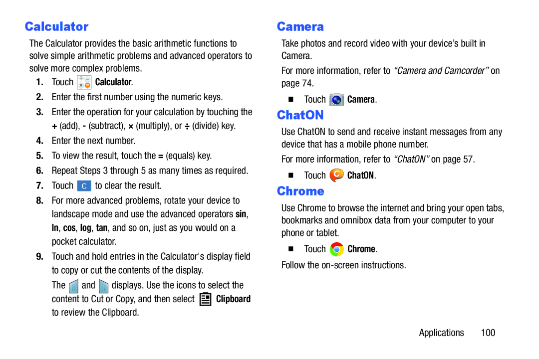 Samsung SM-T3100ZWYXAR, SM-T3100GNYXAR, SMT3100GNYXAR, SMT3100ZWYXAR user manual Camera, Chrome, Touch Calculator 