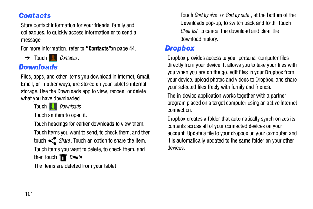 Samsung SM-T3100ZWYXAR, SM-T3100GNYXAR, SMT3100GNYXAR, SMT3100ZWYXAR Dropbox,  Touch Contacts, Touch Downloads 