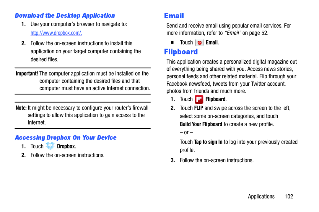 Samsung SM-T3100GNYXAR Flipboard, Download the Desktop Application, Accessing Dropbox On Your Device, Touch Dropbox 