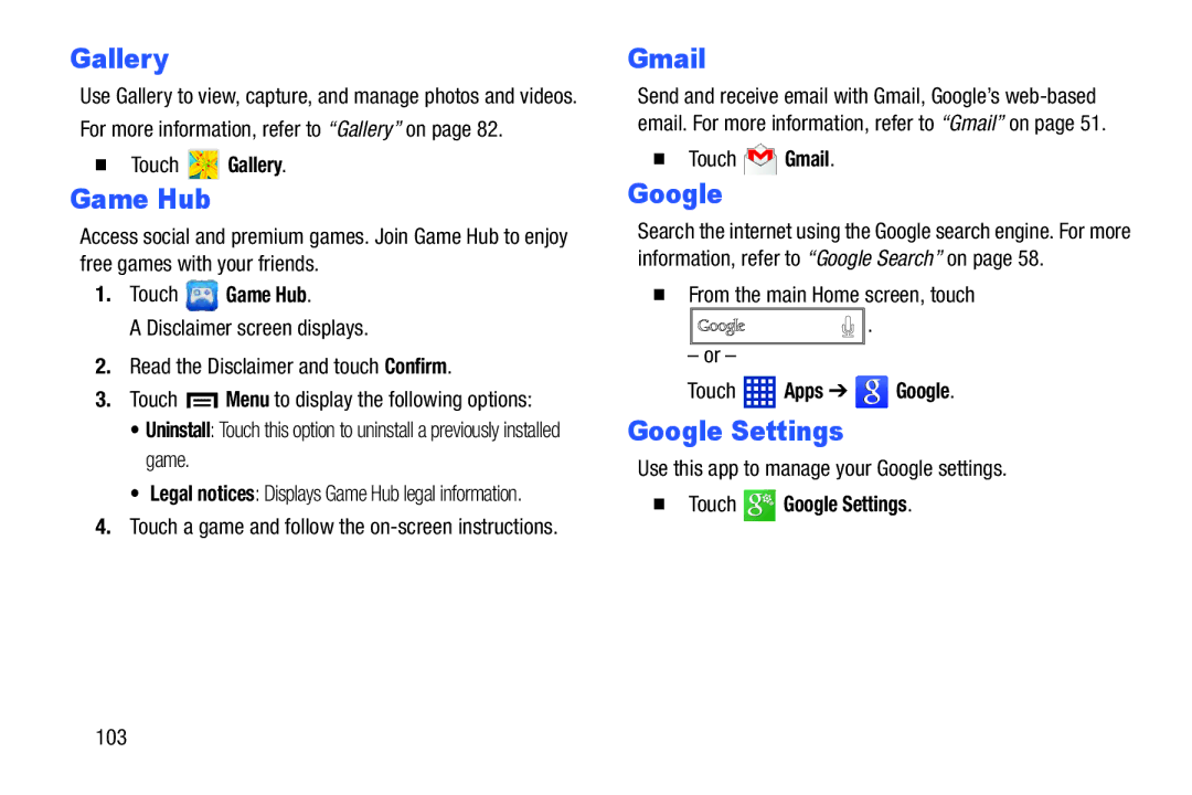 Samsung SMT3100GNYXAR, SM-T3100ZWYXAR, SM-T3100GNYXAR, SMT3100ZWYXAR user manual Game Hub, Google Settings 