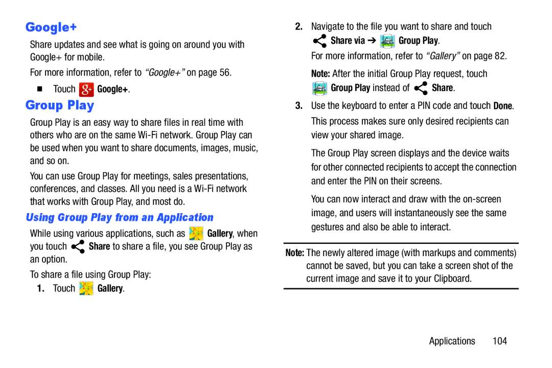 Samsung SMT3100ZWYXAR, SM-T310 user manual Using Group Play from an Application,  Touch Google+, Share via Group Play 