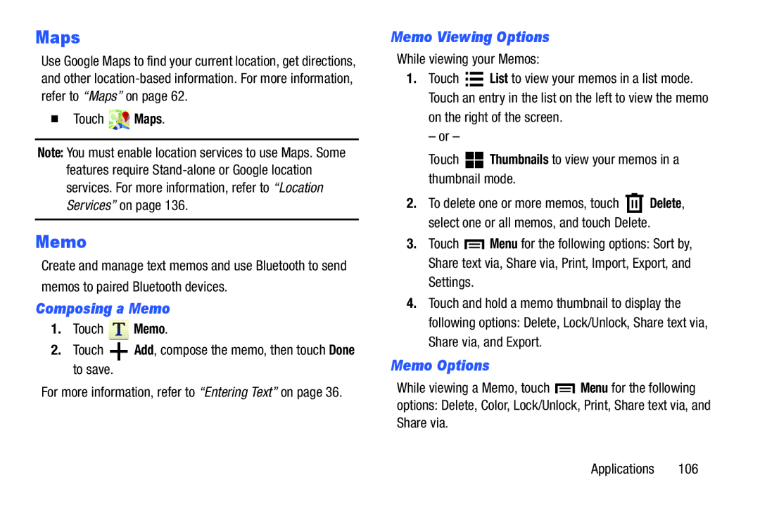 Samsung SM-T3100ZWYXAR, SM-T3100GNYXAR user manual Composing a Memo, Memo Viewing Options, Memo Options,  Touch Maps 