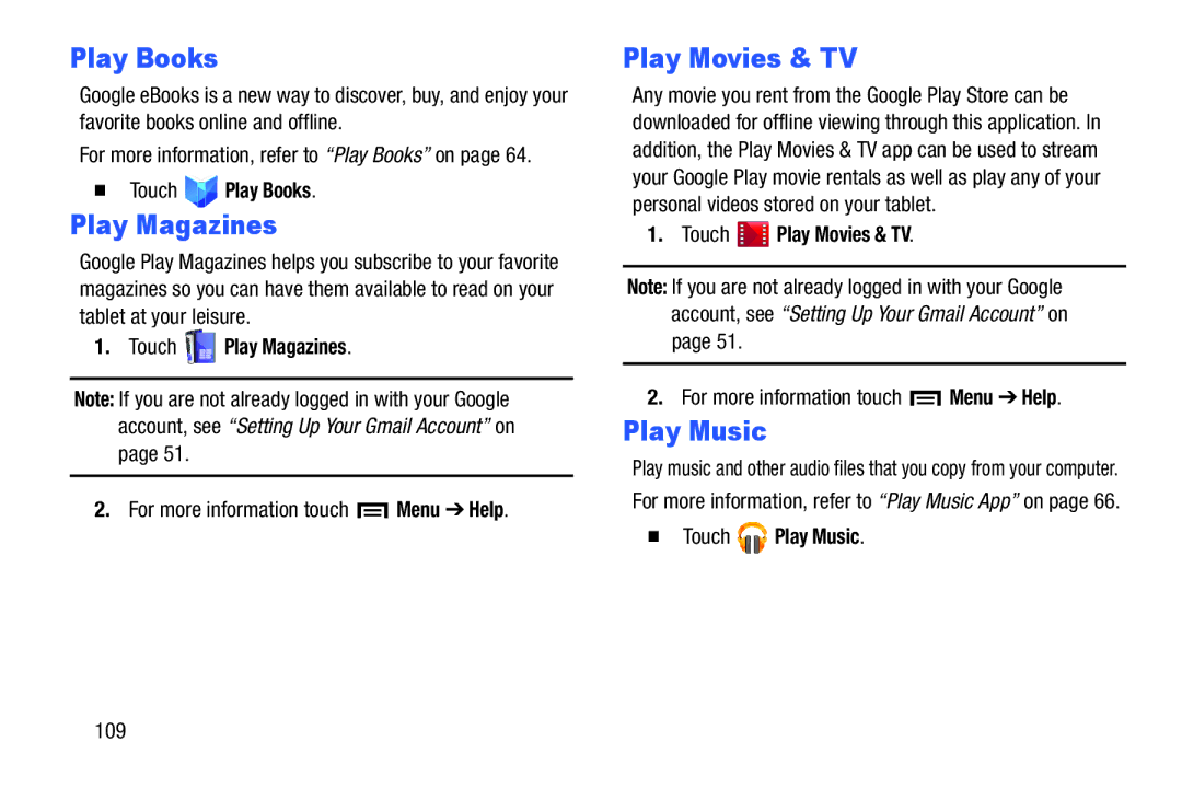 Samsung SMT3100ZWYXAR, SM-T3100ZWYXAR, SM-T3100GNYXAR, SMT3100GNYXAR user manual Play Movies & TV, Play Music 