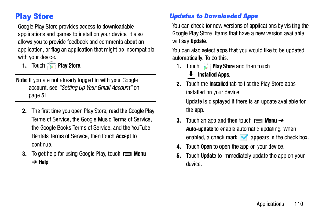 Samsung SM-T3100ZWYXAR, SM-T3100GNYXAR user manual Updates to Downloaded Apps, Touch Play Store, Help, Installed Apps 