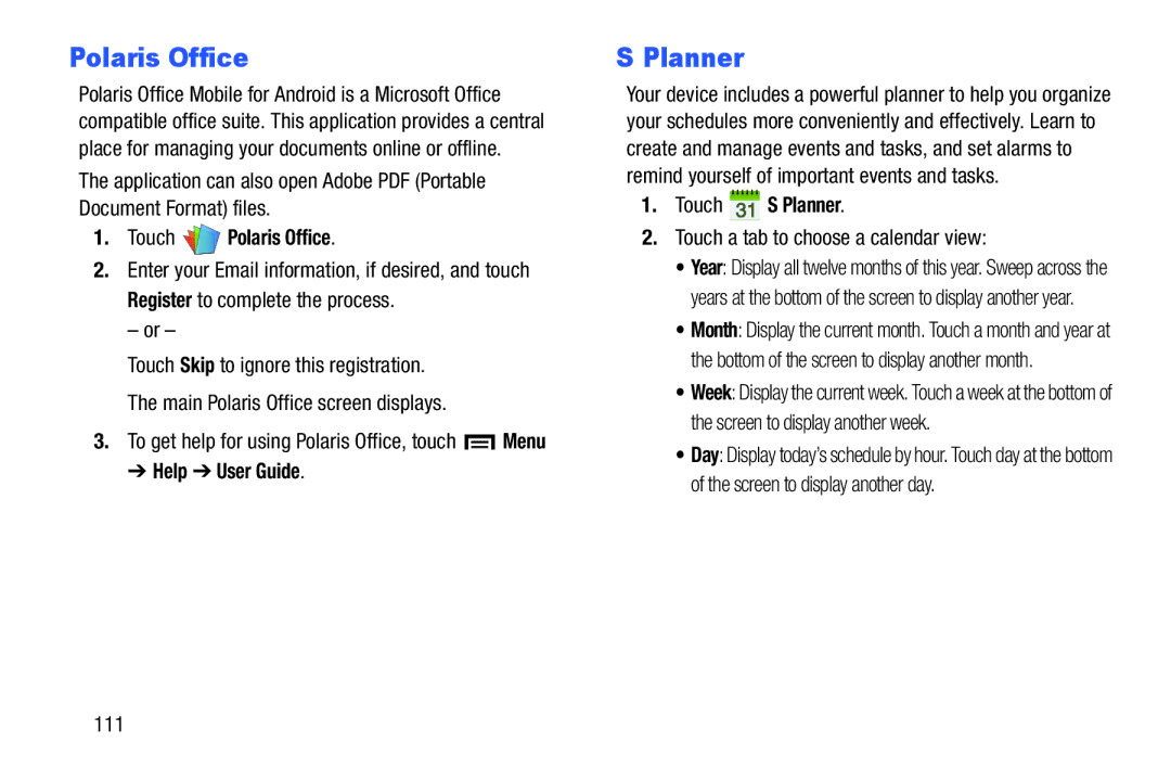 Samsung SM-T3100ZWYXAR, SM-T3100GNYXAR, SMT3100GNYXAR Touch Polaris Office, Help User Guide, Touch S Planner 