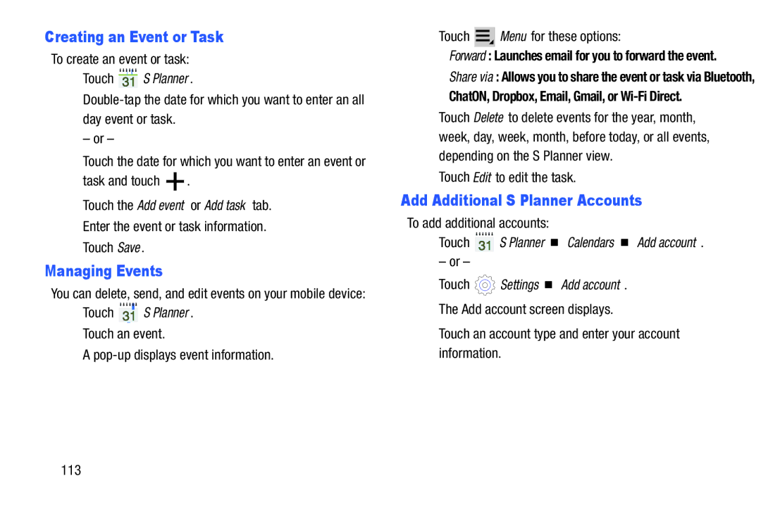 Samsung SMT3100GNYXAR, SM-T310, SMT3100ZWYXAR Creating an Event or Task, Managing Events, Add Additional S Planner Accounts 