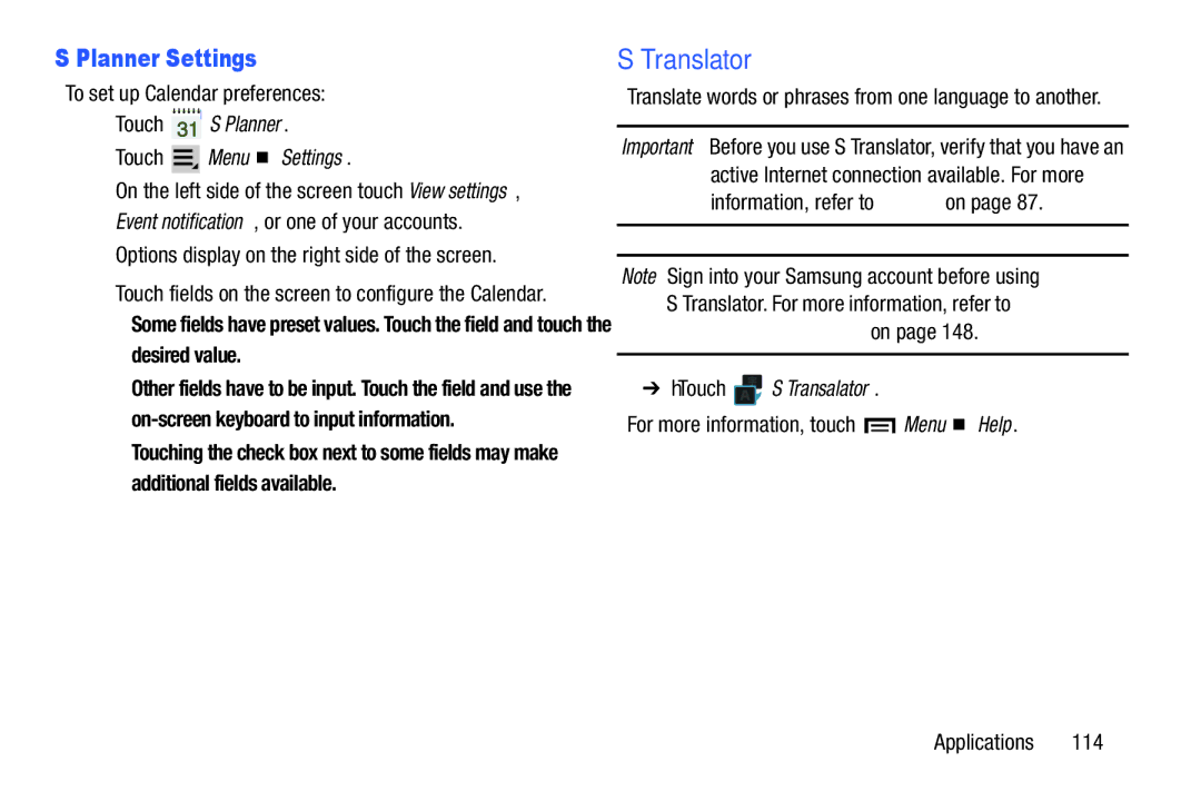 Samsung SMT3100ZWYXAR, SM-T310 Translator, Planner Settings, Touch S Planner Touch Menu Settings,  Touch S Transalator 