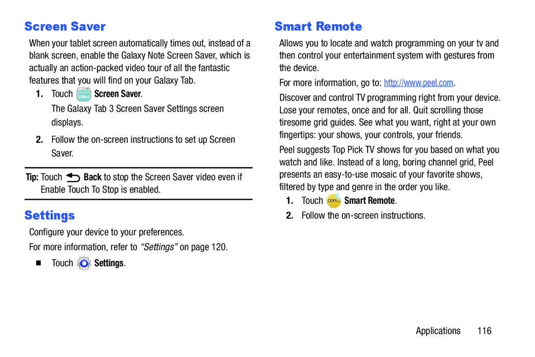 Samsung SM-T3100ZWYXAR, SM-T3100GNYXAR, SMT3100GNYXAR, SMT3100ZWYXAR user manual Screen Saver, Settings, Smart Remote 