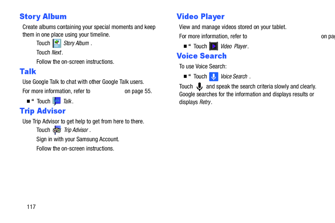 Samsung SM-T3100GNYXAR, SM-T3100ZWYXAR, SMT3100GNYXAR, SMT3100ZWYXAR user manual Story Album, Talk, Trip Advisor, Voice Search 