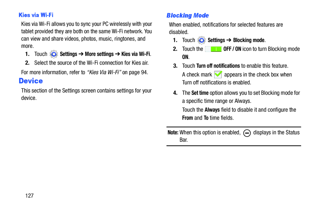 Samsung SM-T3100GNYXAR, SM-T3100ZWYXAR, SMT3100GNYXAR Device, Blocking Mode, Kies via Wi-Fi, Touch Settings Blocking mode 