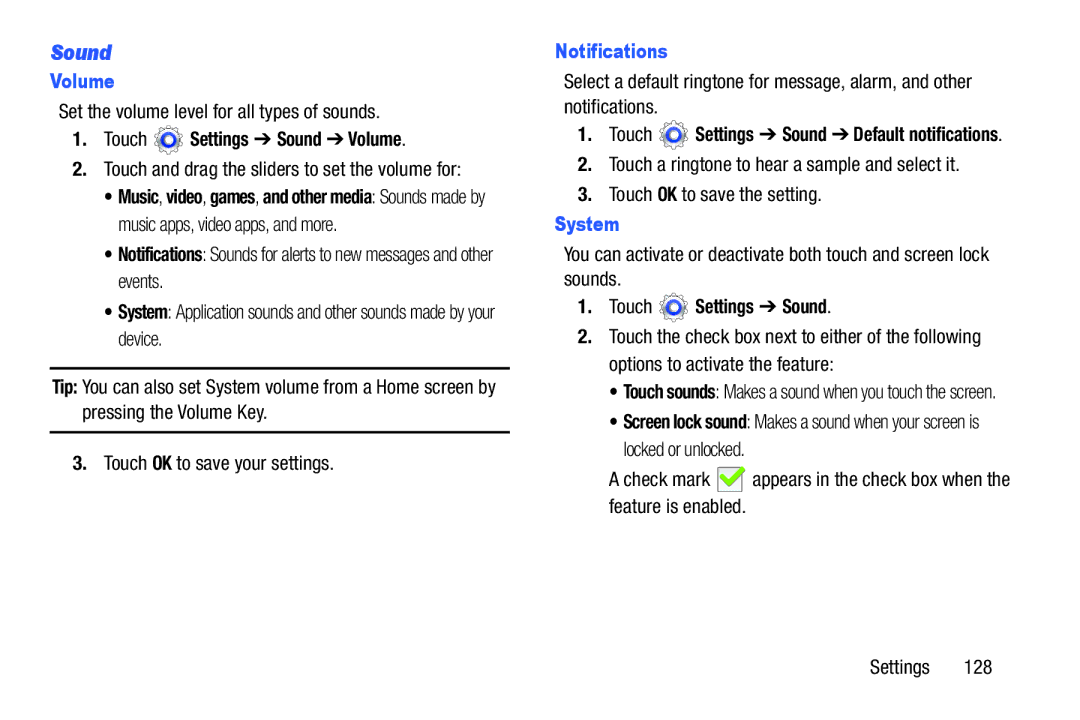 Samsung SMT3100GNYXAR, SM-T3100ZWYXAR, SM-T3100GNYXAR, SMT3100ZWYXAR user manual Sound, Volume, Notifications, System 