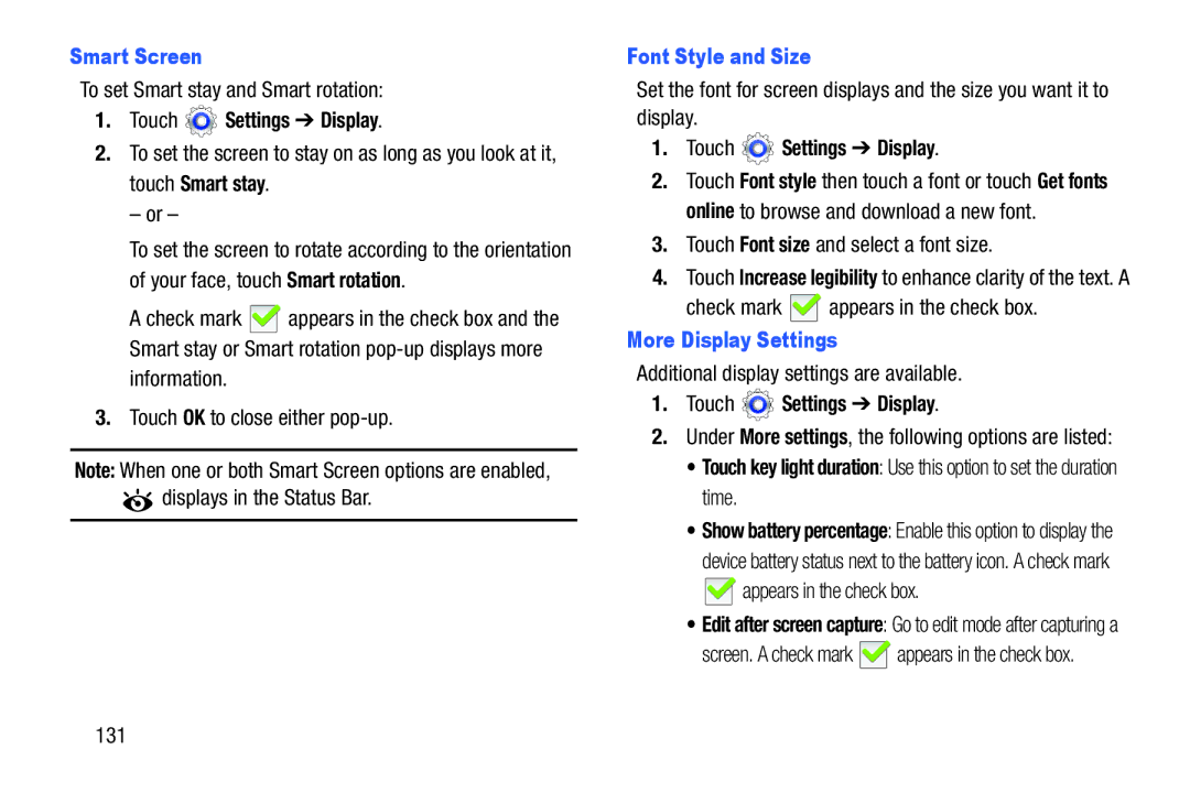 Samsung SM-T3100ZWYXAR, SM-T3100GNYXAR, SMT3100GNYXAR user manual Smart Screen, Font Style and Size, More Display Settings 