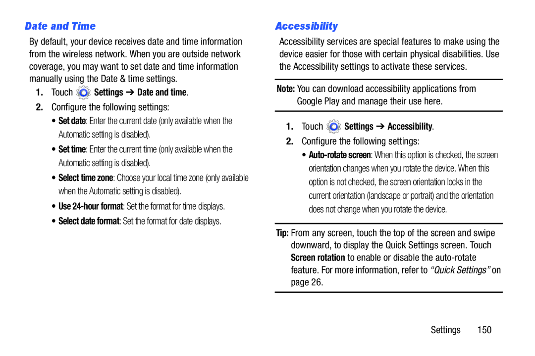 Samsung SM-T310 user manual Date and Time, Accessibility, Touch Settings Date and time, Configure the following settings 