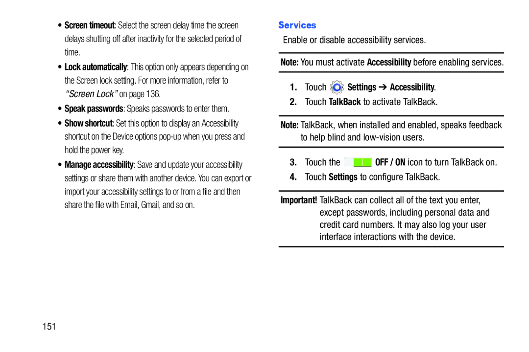 Samsung SM-T3100ZWYXAR Services, Enable or disable accessibility services, Touch TalkBack to activate TalkBack, 151 