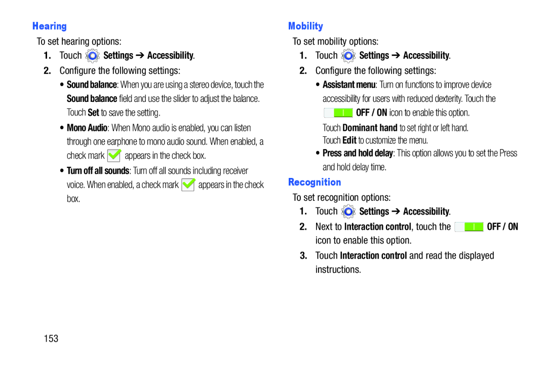 Samsung SMT3100GNYXAR, SM-T3100ZWYXAR, SM-T3100GNYXAR, SMT3100ZWYXAR user manual Hearing, Mobility, Recognition 