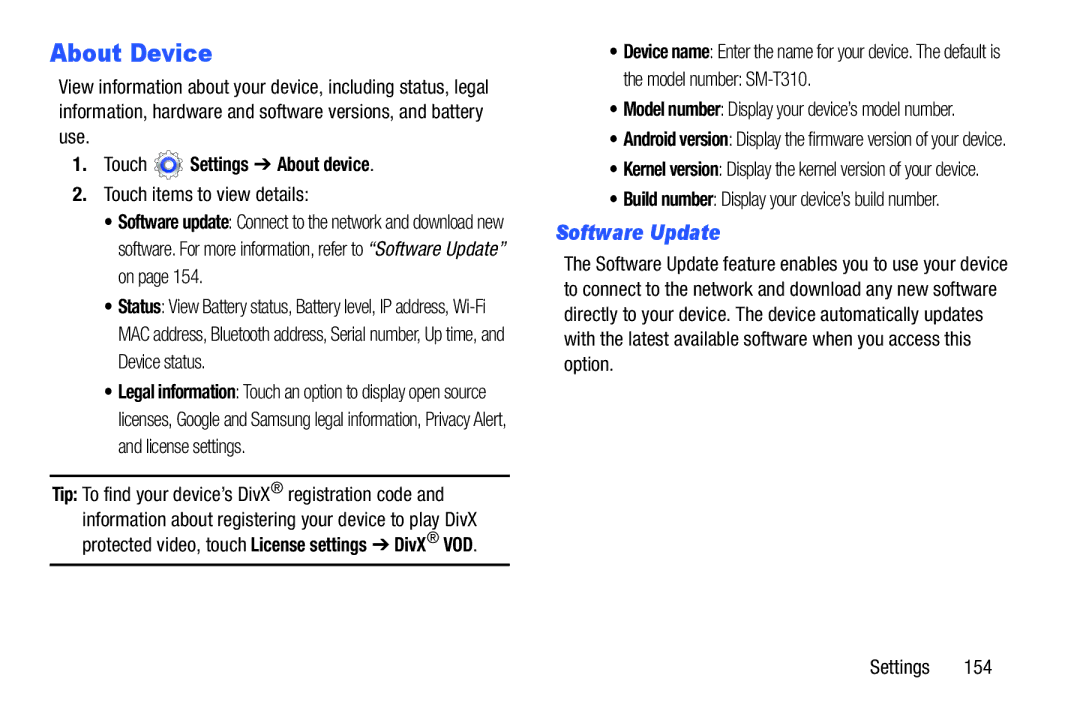 Samsung SMT3100ZWYXAR, SM-T310 About Device, Software Update, Touch Settings About device, Touch items to view details 