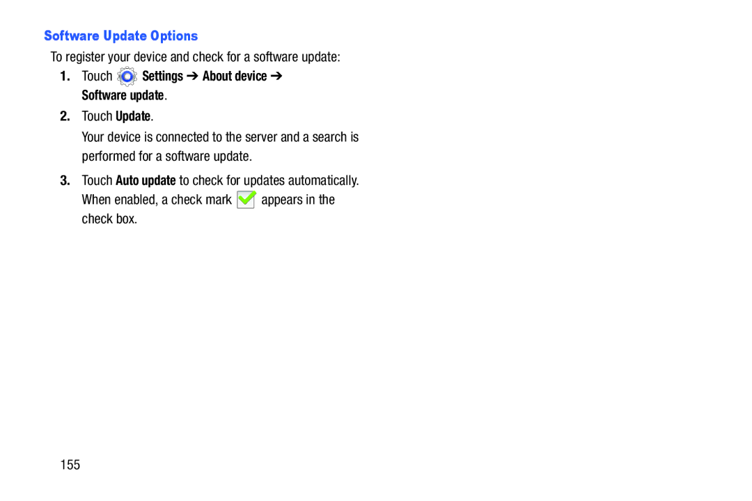 Samsung SM-T310 user manual Software Update Options, To register your device and check for a software update, Touch Update 