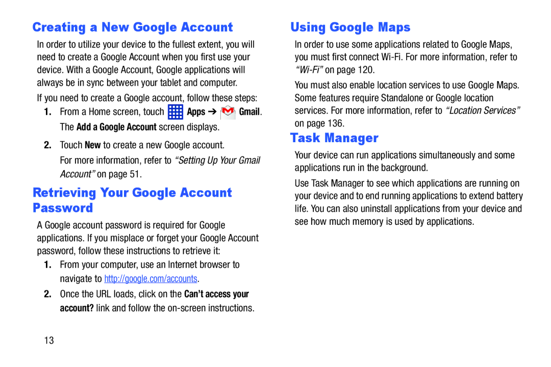 Samsung SMT3100GNYXAR, SM-T310 Creating a New Google Account, Retrieving Your Google Account Password, Using Google Maps 