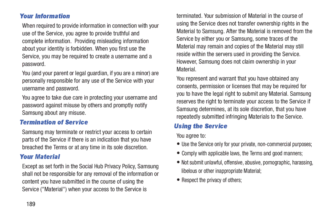 Samsung SMT3100ZWYXAR, SM-T3100ZWYXAR Your Information, Termination of Service, Your Material, Using the Service 