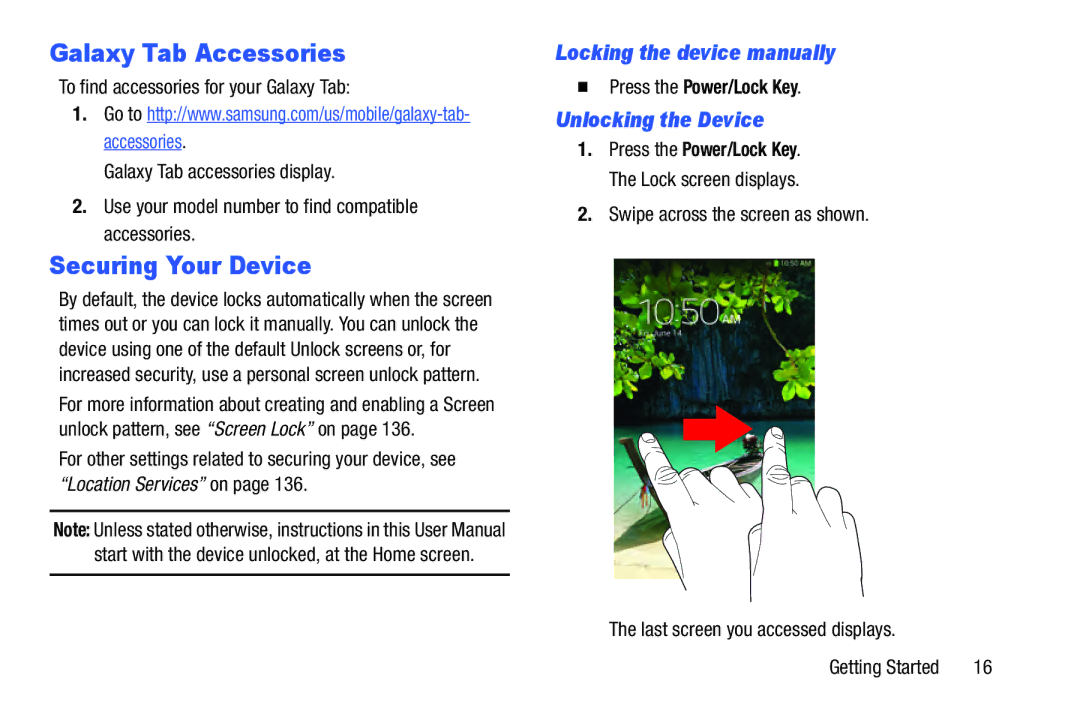 Samsung SM-T3100ZWYXAR Galaxy Tab Accessories, Securing Your Device, Locking the device manually, Unlocking the Device 