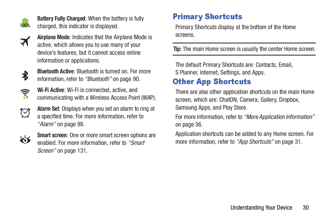 Samsung SM-T3100ZWYXAR user manual Other App Shortcuts, Primary Shortcuts display at the bottom of the Home screens 