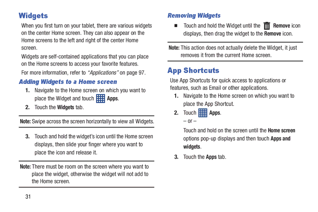 Samsung SM-T3100ZWYXAR, SM-T3100GNYXAR, SMT3100GNYXAR App Shortcuts, Adding Widgets to a Home screen, Removing Widgets 