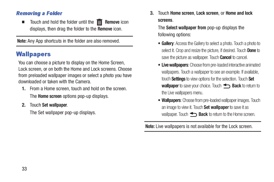 Samsung SMT3100GNYXAR, SM-T310 user manual Wallpapers, Removing a Folder, Touch Set wallpaper, Set wallpaper pop-up displays 