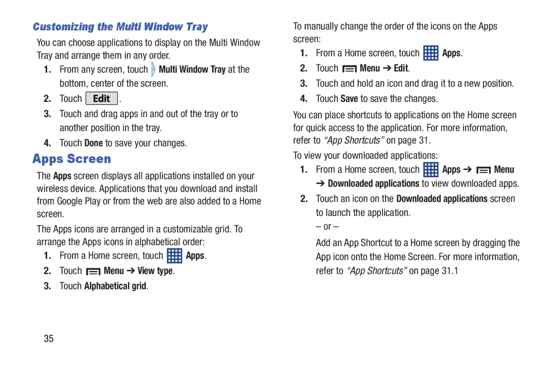 Samsung SM-T310 user manual Apps Screen, Customizing the Multi Window Tray, Touch Menu View type Touch Alphabetical grid 