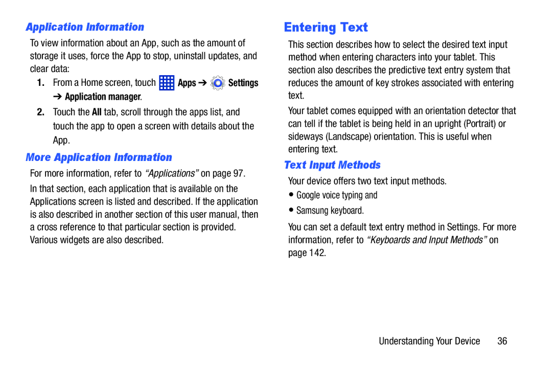 Samsung SM-T3100ZWYXAR user manual Entering Text, More Application Information, Text Input Methods, Application manager 