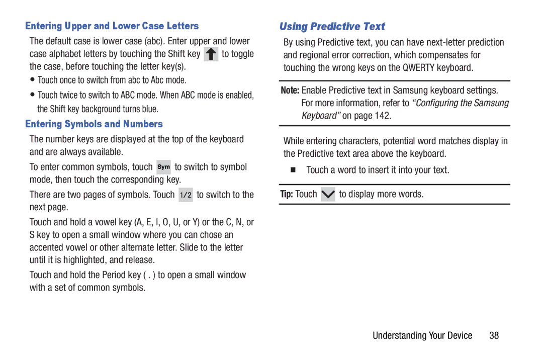 Samsung SMT3100GNYXAR, SM-T310 Using Predictive Text, Entering Upper and Lower Case Letters, Entering Symbols and Numbers 