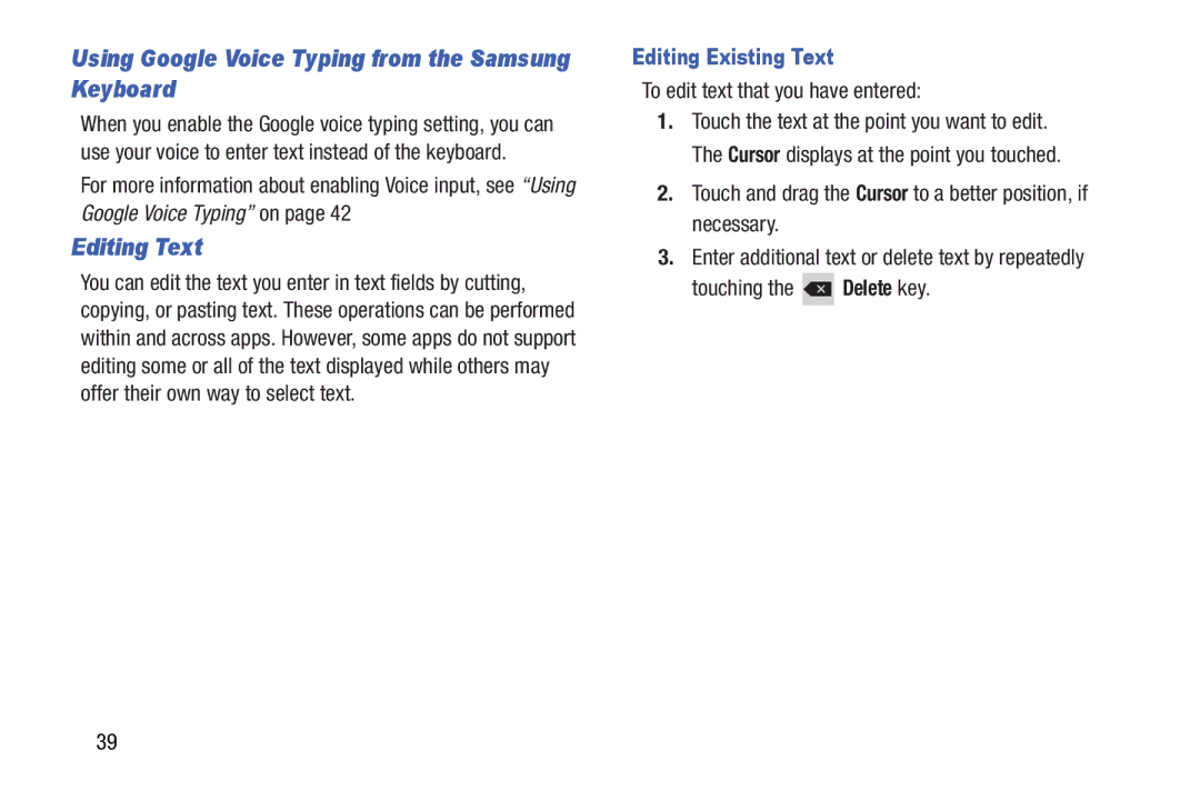 Samsung SMT3100ZWYXAR, SM-T310 Using Google Voice Typing from the Samsung Keyboard, Editing Text, Editing Existing Text 