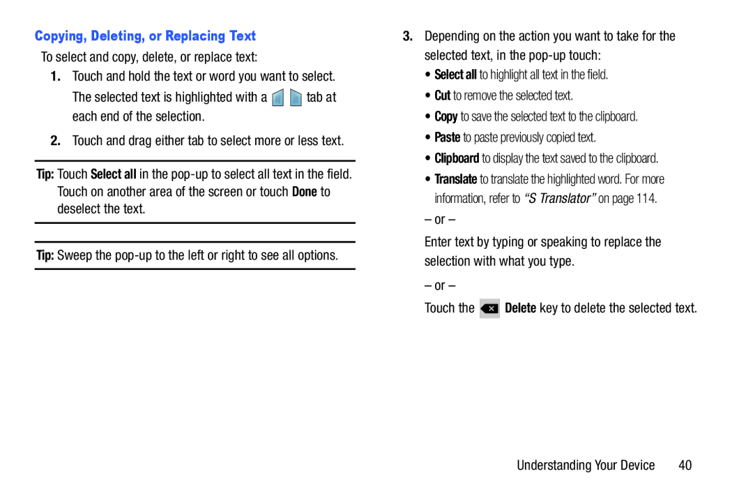 Samsung SM-T310, SMT3100GNYXAR Copying, Deleting, or Replacing Text, Touch and drag either tab to select more or less text 