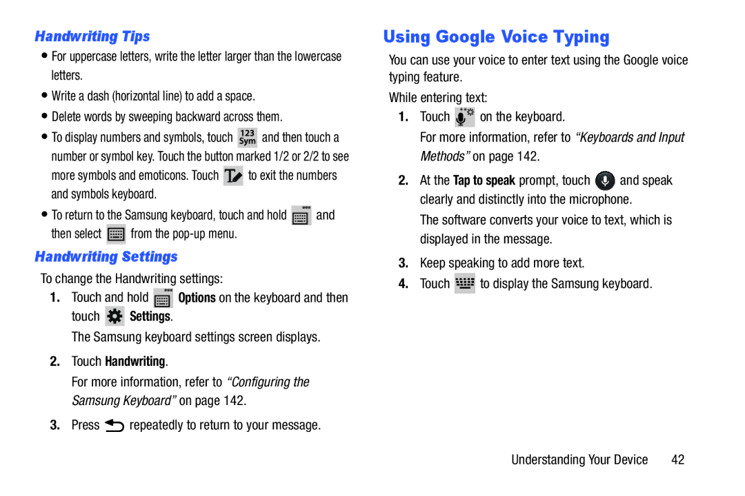 Samsung SM-T3100GNYXAR, SMT3100GNYXAR Using Google Voice Typing, Handwriting Tips, Handwriting Settings, Touch Handwriting 