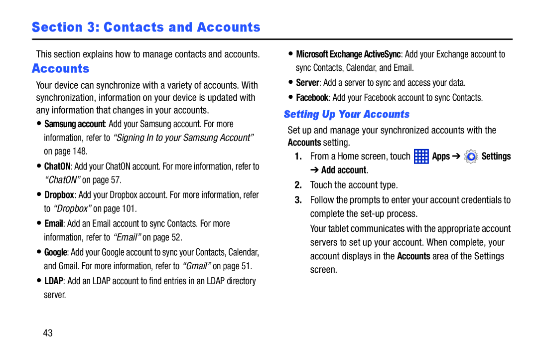 Samsung SMT3100GNYXAR Contacts and Accounts, Setting Up Your Accounts, Server Add a server to sync and access your data 