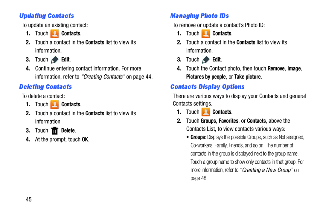 Samsung SM-T310 Updating Contacts, Deleting Contacts, Managing Photo IDs, Contacts Display Options, Touch Contacts 