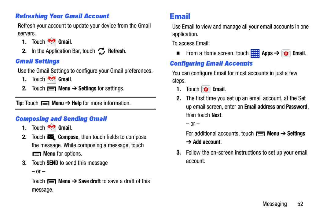 Samsung SM-T3100GNYXAR, SM-T3100ZWYXAR Refreshing Your Gmail Account, Gmail Settings, Composing and Sending Gmail 