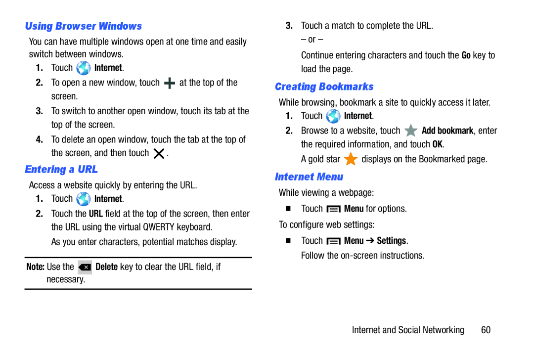 Samsung SM-T3100ZWYXAR Using Browser Windows, Entering a URL, Creating Bookmarks, Internet Menu, Touch Internet 