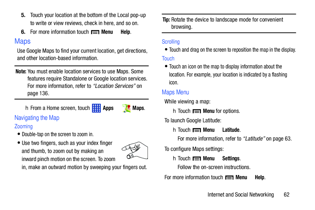 Samsung SM-T3100GNYXAR, SM-T3100ZWYXAR, SMT3100GNYXAR, SMT3100ZWYXAR Navigating the Map, Maps Menu, Zooming, Scrolling 