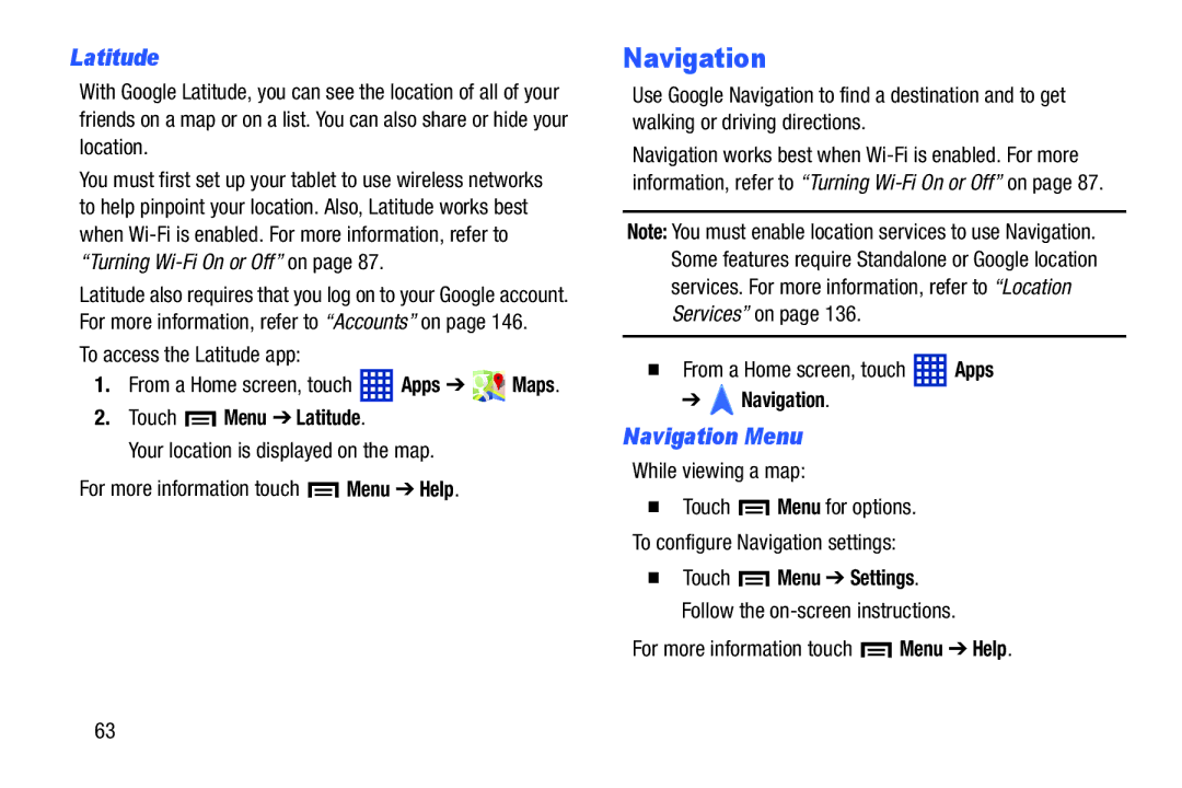 Samsung SMT3100GNYXAR, SM-T3100ZWYXAR, SM-T3100GNYXAR, SMT3100ZWYXAR Navigation Menu, Touch Menu Latitude 