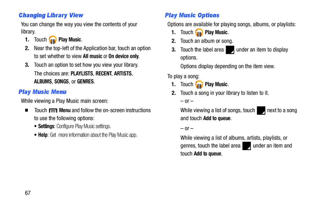 Samsung SM-T3100GNYXAR, SM-T3100ZWYXAR Changing Library View, Play Music Menu, Play Music Options, Touch Play Music 