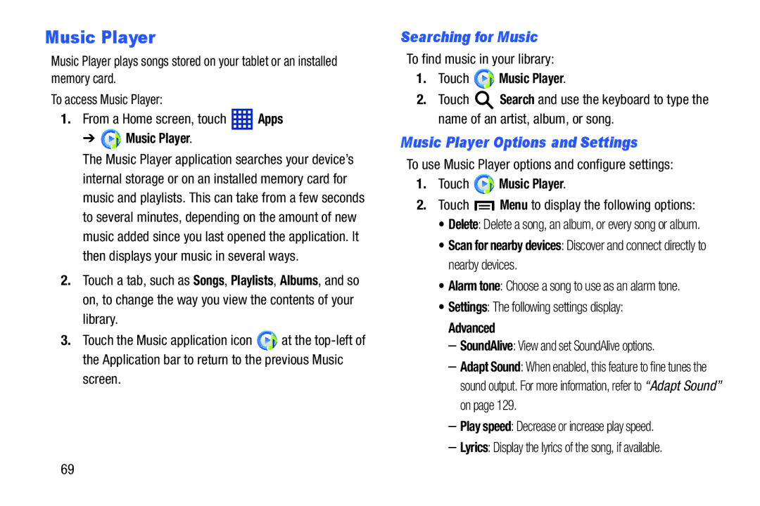 Samsung SMT3100ZWYXAR, SM-T3100ZWYXAR, SM-T3100GNYXAR Searching for Music, Music Player Options and Settings 