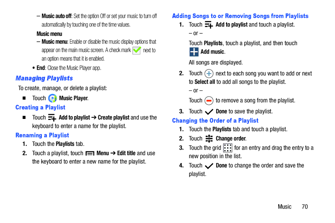 Samsung SM-T310 user manual Managing Playlists, Creating a Playlist, Renaming a Playlist, Changing the Order of a Playlist 